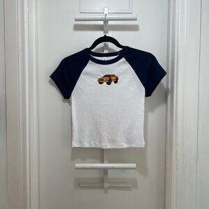 90s Datsun 510 embroidered babydoll capsleeve crop t women's S